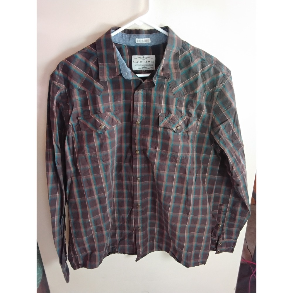 Cody James Mens Large Regular Fit Plaid Pearl Snap Western Long Sleeve Shirt